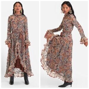 La Fuori Embroidered Sequin Paisley Silk Midi Dress Small – Ruffle Hem Rare Boho